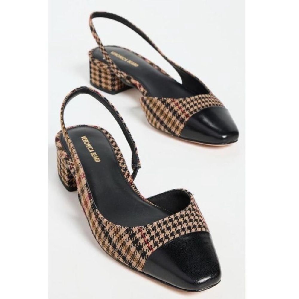 Veronica Beard Cecile Block Heel Leather Slingback Plaid Cap Toe Pumps